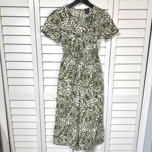 Nicole Miller NY Olive Green Tropical Palm Print Linen Jumpsuit XS Wide Leg